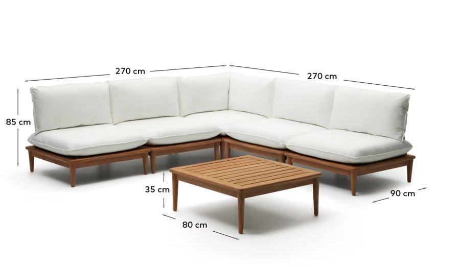 KAVE HOME Portitxol 1 hj�rne lenestol, 4 modul�re lenestoler og salongbord - naturlig teak (sett med 6)