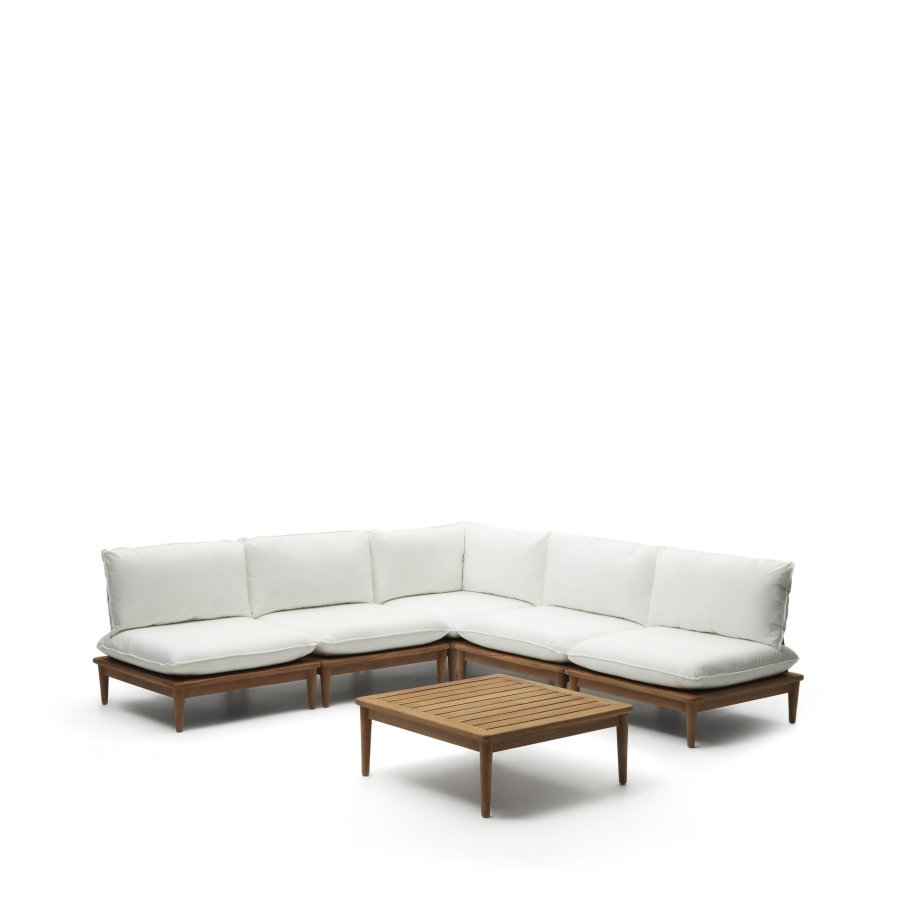 KAVE HOME Portitxol 1 hjrne lenestol, 4 modulre lenestoler og salongbord - naturlig teak (sett med 6)