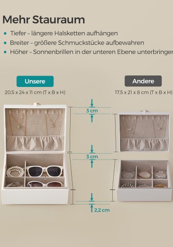 SONGMICS Joyero de 2 capas, organisator de joyas con asa, bandeja extra&iacute;ble para joyas, arma&ccedil;&atilde;o de joyas, efecto flotante, 8,1 x 9,4 x 4,3 inger, gaveide, regalos de Navidad, fargen blanco JBC165W01