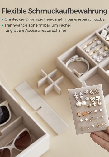 SONGMICS Joyero de 2 capas, organisator de joyas con asa, bandeja extra&iacute;ble para joyas, arma&ccedil;&atilde;o de joyas, efecto flotante, 8,1 x 9,4 x 4,3 inger, gaveide, regalos de Navidad, fargen blanco JBC165W01