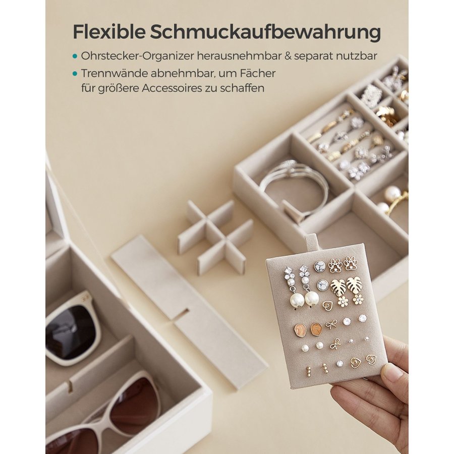 SONGMICS Joyero de 2 capas, organisator de joyas con asa, bandeja extra&iacute;ble para joyas, arma&ccedil;&atilde;o de joyas, efecto flotante, 8,1 x 9,4 x 4,3 inger, gaveide, regalos de Navidad, fargen blanco JBC165W01
