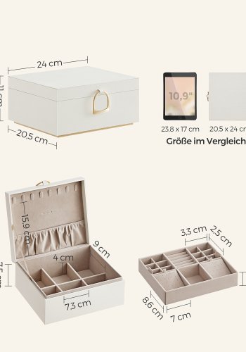 SONGMICS Joyero de 2 capas, organisator de joyas con asa, bandeja extra&iacute;ble para joyas, arma&ccedil;&atilde;o de joyas, efecto flotante, 8,1 x 9,4 x 4,3 inger, gaveide, regalos de Navidad, fargen blanco JBC165W01