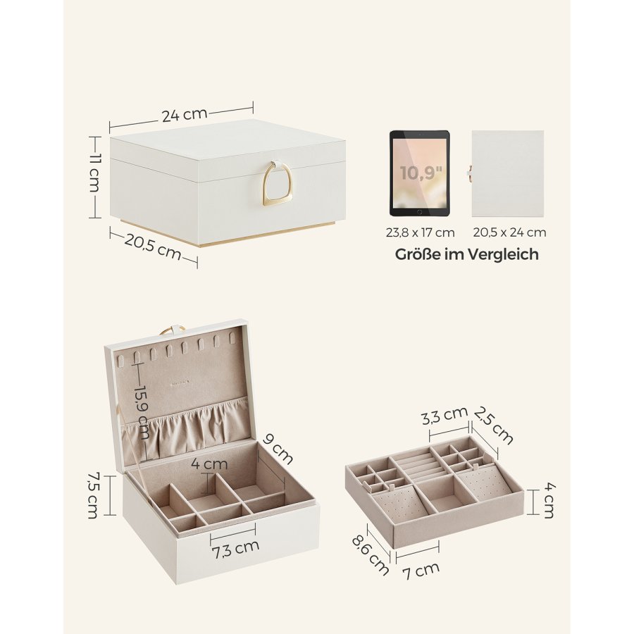 SONGMICS Joyero de 2 capas, organisator de joyas con asa, bandeja extra&iacute;ble para joyas, arma&ccedil;&atilde;o de joyas, efecto flotante, 8,1 x 9,4 x 4,3 inger, gaveide, regalos de Navidad, fargen blanco JBC165W01