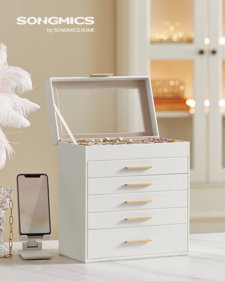 SONGMICS smykkeskrin med glasslokk, 6-lags smykkeoppbevaring, med 5 skuffer, moderne stil, 16,3 x 25,1 x 29 cm, skyhvit og gullfarge UJBC171W01
