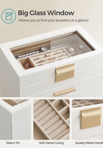 SONGMICS smykkeskrin med glasslokk, 6-lags smykkeoppbevaring, med 5 skuffer, moderne stil, 16,3 x 25,1 x 29 cm, skyhvit og gullfarge UJBC171W01