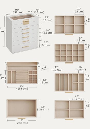 SONGMICS smykkeskrin med glasslokk, 6-lags smykkeoppbevaring, med 5 skuffer, moderne stil, 16,3 x 25,1 x 29 cm, skyhvit og gullfarge UJBC171W01