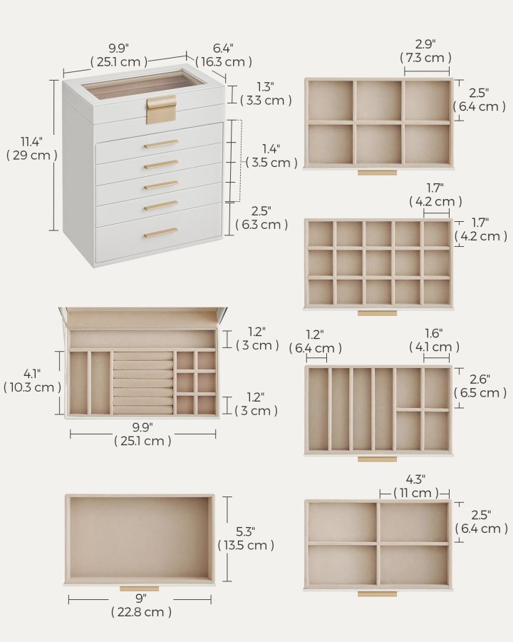 SONGMICS smykkeskrin med glasslokk, 6-lags smykkeoppbevaring, med 5 skuffer, moderne stil, 16,3 x 25,1 x 29 cm, skyhvit og gullfarge UJBC171W01