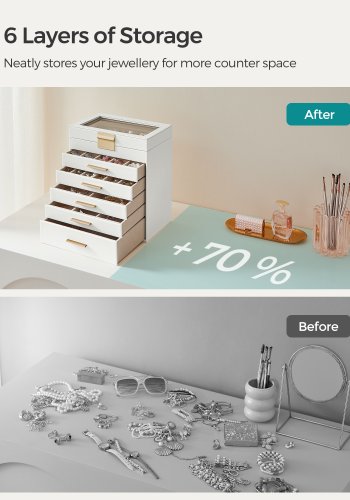 SONGMICS smykkeskrin med glasslokk, 6-lags smykkeoppbevaring, med 5 skuffer, moderne stil, 16,3 x 25,1 x 29 cm, skyhvit og gullfarge UJBC171W01