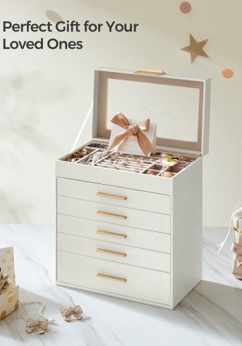 SONGMICS smykkeskrin med glasslokk, 6-lags smykkeoppbevaring, med 5 skuffer, moderne stil, 16,3 x 25,1 x 29 cm, skyhvit og gullfarge UJBC171W01
