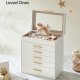 SONGMICS smykkeskrin med glasslokk, 6-lags smykkeoppbevaring, med 5 skuffer, moderne stil, 16,3 x 25,1 x 29 cm, skyhvit og gullfarge UJBC171W01