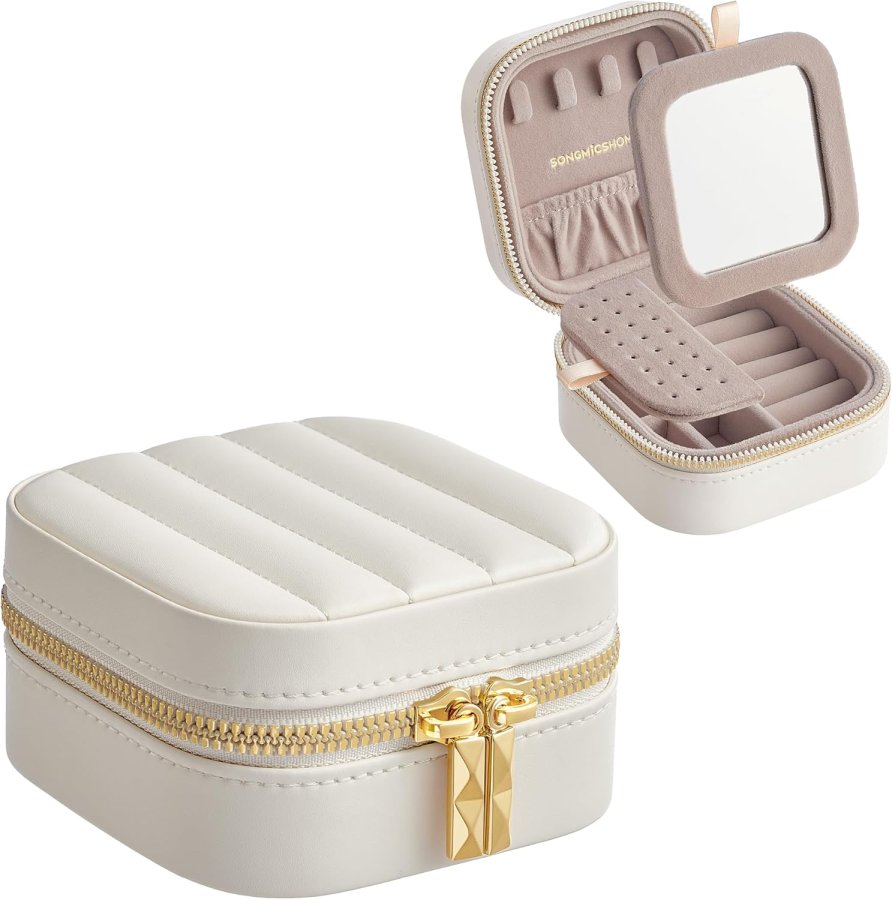 SONGMICS HOME ANAH Collection JBC179W01 Reise-smykkeetui, liten organizer med speil, 10,5 x 10,5 x 6,3 cm, sydd PU-overflate, b�rbar, glidel�ser, gaveide,