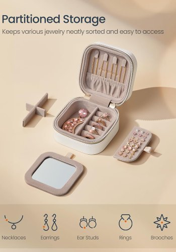 SONGMICS HOME ANAH Collection JBC179W01 Reise-smykkeetui, liten organizer med speil, 10,5 x 10,5 x 6,3 cm, sydd PU-overflate, b�rbar, glidel�ser, gaveide,
