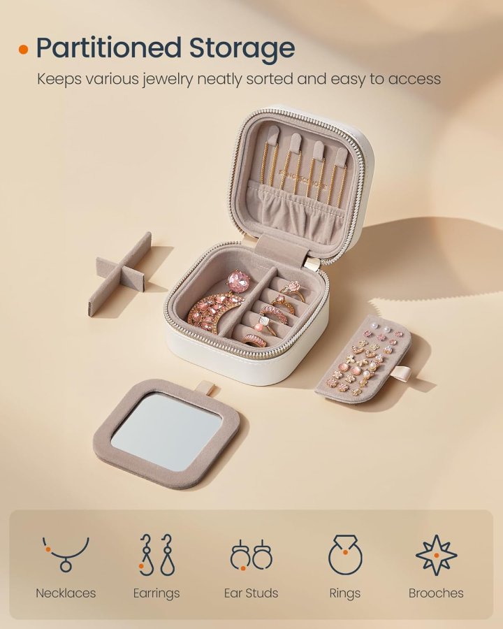 SONGMICS HOME ANAH Collection JBC179W01 Reise-smykkeetui, liten organizer med speil, 10,5 x 10,5 x 6,3 cm, sydd PU-overflate, b�rbar, glidel�ser, gaveide,