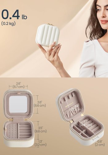 SONGMICS HOME ANAH Collection JBC179W01 Reise-smykkeetui, liten organizer med speil, 10,5 x 10,5 x 6,3 cm, sydd PU-overflate, b�rbar, glidel�ser, gaveide,