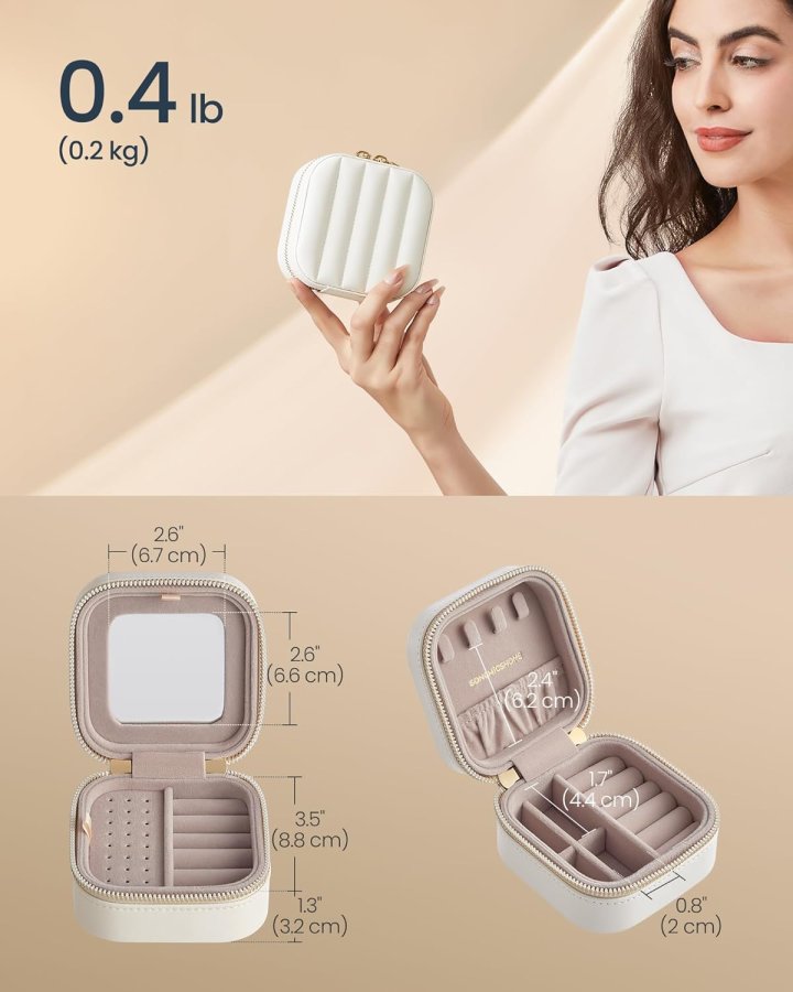 SONGMICS HOME ANAH Collection JBC179W01 Reise-smykkeetui, liten organizer med speil, 10,5 x 10,5 x 6,3 cm, sydd PU-overflate, b�rbar, glidel�ser, gaveide,