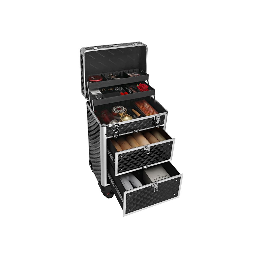 SONGMICS L�sbar Makeup-kasse, Rullende Kosmetik-sk�nhedsvogn, til Professionel Makeup Artist, Sk�nhedsstudio, Negletekniker, ABS, Aluminium, 34 x 27 x 57 cm, Sort JHZ08BK