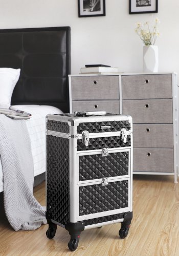SONGMICS L�sbart sminkfodral, rullande kosmetikvagn, f�r professionell makeupartist, sk�nhetsstudio, nageltekniker, ABS, aluminium, 34 x 27 x 57 cm, svart JHZ08BK