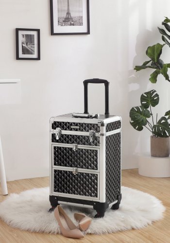 SONGMICS L�sbar Makeup-kasse, Rullende Kosmetik-sk�nhedsvogn, til Professionel Makeup Artist, Sk�nhedsstudio, Negletekniker, ABS, Aluminium, 34 x 27 x 57 cm, Sort JHZ08BK
