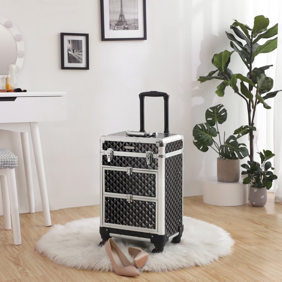 SONGMICS L�sbar Makeup-kasse, Rullende Kosmetik-sk�nhedsvogn, til Professionel Makeup Artist, Sk�nhedsstudio, Negletekniker, ABS, Aluminium, 34 x 27 x 57 cm, Sort JHZ08BK