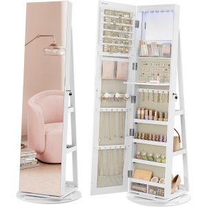SONGMICS 6 LED'er afl�seligt spejlskab med smykke, 360&deg; drejelig smykkeorganisator, st�ende smykkeskab, rammel�st spejl i fuld l�ngde, 3 opbevaringshylder, hvid overflade, gr� foring JJC007W02V1