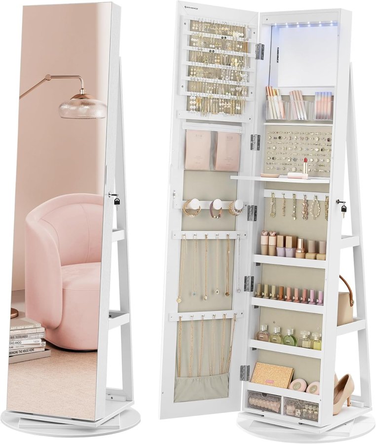 SONGMICS 6 LED'er afl�seligt spejlskab med smykke, 360&deg; drejelig smykkeorganisator, st�ende smykkeskab, rammel�st spejl i fuld l�ngde, 3 opbevaringshylder, hvid overflade, gr� foring JJC007W02V1
