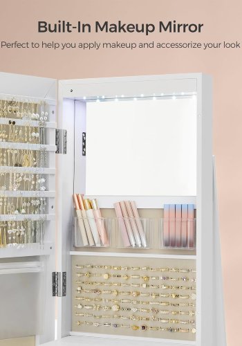 SONGMICS Schmuckschrank mit 6 LEDs, abschlie�bar, 360� drehbar, rahmenloser Ganzk�rperspiegel, 3 Ablagef�cher, wei�e Oberfl�che, graues Innenfutter JJC007W02V1