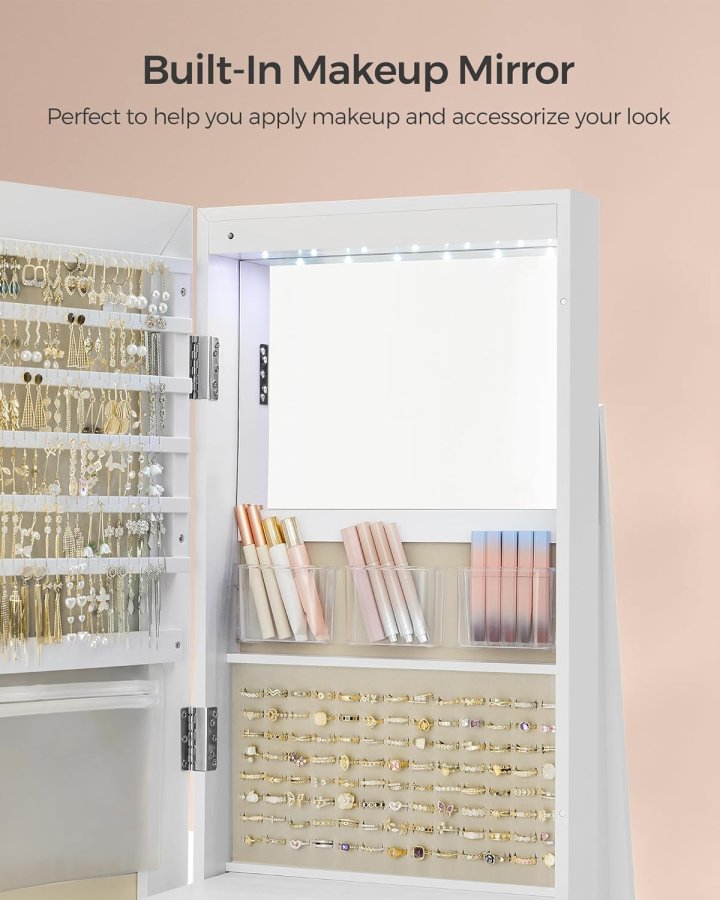 SONGMICS 6 LED'er afl�seligt spejlskab med smykke, 360&deg; drejelig smykkeorganisator, st�ende smykkeskab, rammel�st spejl i fuld l�ngde, 3 opbevaringshylder, hvid overflade, gr� foring JJC007W02V1