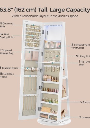 SONGMICS 6 LED'er afl�seligt spejlskab med smykke, 360&deg; drejelig smykkeorganisator, st�ende smykkeskab, rammel�st spejl i fuld l�ngde, 3 opbevaringshylder, hvid overflade, gr� foring JJC007W02V1