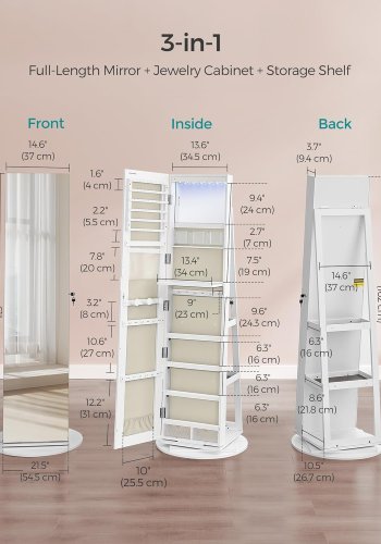 SONGMICS 6 LED'er afl�seligt spejlskab med smykke, 360&deg; drejelig smykkeorganisator, st�ende smykkeskab, rammel�st spejl i fuld l�ngde, 3 opbevaringshylder, hvid overflade, gr� foring JJC007W02V1