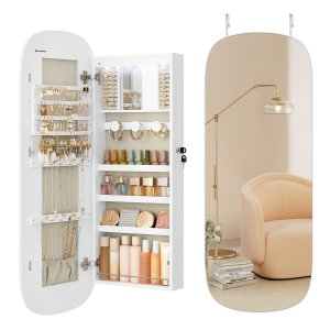 SONGMICS Spejl med Opbevaring, LED Spejl Smykkeskab V�g-/D�rmonteret, L�sbart Afrundet Bredt Spejlskab, med Indvendigt Spejl, 10 x 42 x 108 cm, Hvid Overflade med Gr� Foring JJC026W01