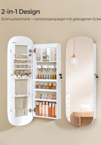 SONGMICS JJC026W01 v�gh�ngt smykkeskab, oval, m. 2 spejle, LED, l�sbar - gr� fl�jl og hvid MDF (108x42)
