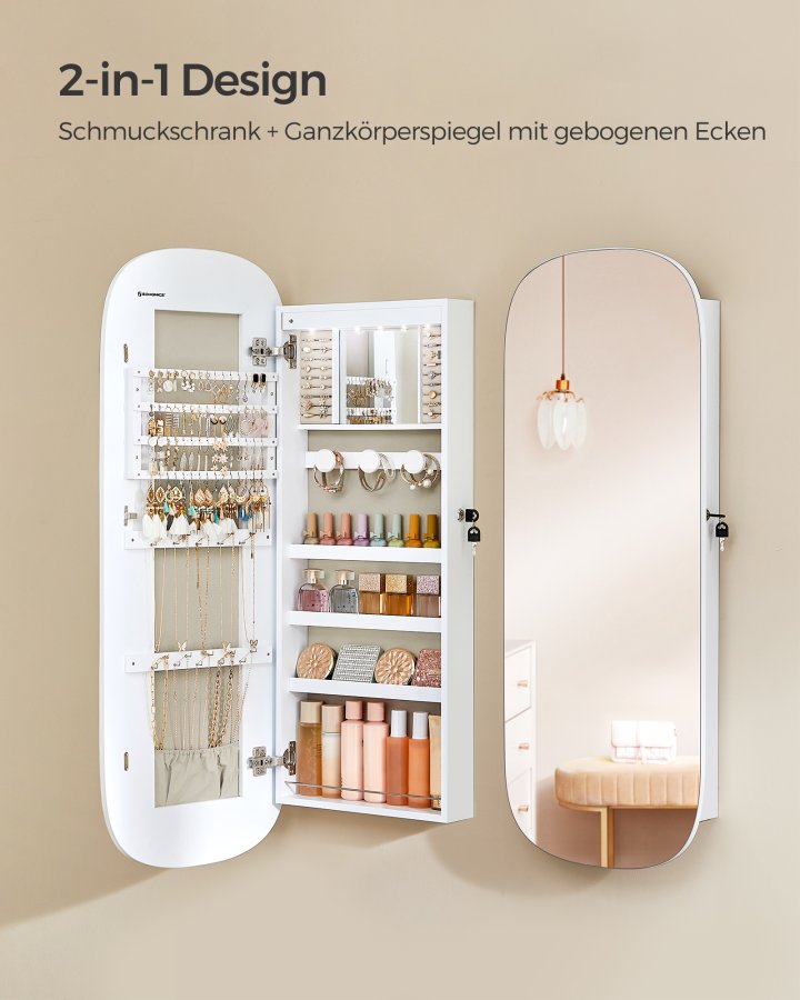 SONGMICS Spejl med Opbevaring, LED Spejl Smykkeskab V�g-/D�rmonteret, L�sbart Afrundet Bredt Spejlskab, med Indvendigt Spejl, 10 x 42 x 108 cm, Hvid Overflade med Gr� Foring JJC026W01