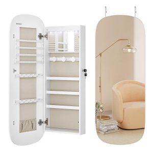 SONGMICS JJC026W01 v�gh�ngt smykkeskab, oval, m. 2 spejle, LED, l�sbar - gr� fl�jl og hvid MDF (108x42)