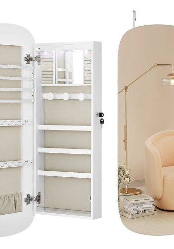 SONGMICS Spejl med Opbevaring, LED Spejl Smykkeskab V�g-/D�rmonteret, L�sbart Afrundet Bredt Spejlskab, med Indvendigt Spejl, 10 x 42 x 108 cm, Hvid Overflade med Gr� Foring JJC026W01