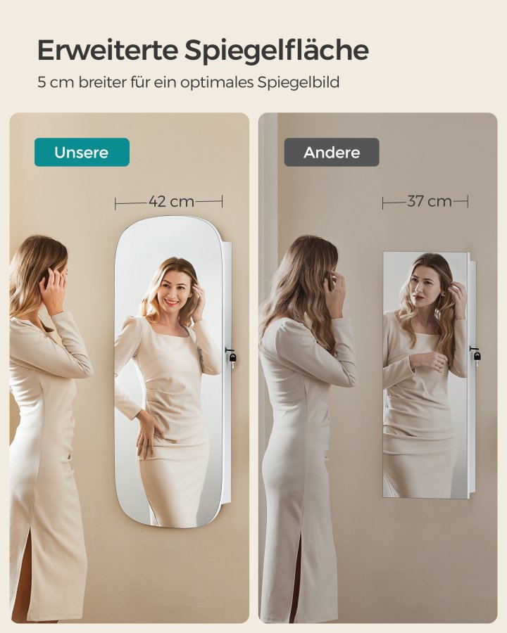 SONGMICS Spejl med Opbevaring, LED Spejl Smykkeskab V�g-/D�rmonteret, L�sbart Afrundet Bredt Spejlskab, med Indvendigt Spejl, 10 x 42 x 108 cm, Hvid Overflade med Gr� Foring JJC026W01