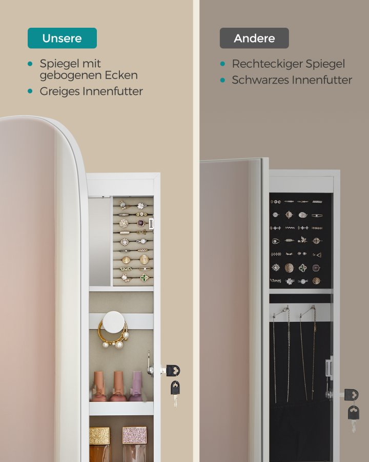 SONGMICS Spejl med Opbevaring, LED Spejl Smykkeskab V�g-/D�rmonteret, L�sbart Afrundet Bredt Spejlskab, med Indvendigt Spejl, 10 x 42 x 108 cm, Hvid Overflade med Gr� Foring JJC026W01