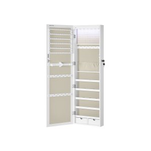 SONGMICS Smykkeskab, Afl�selig V�gmonteret Opbevaringsenhed til Halsk�der og �reringe, med Spejl og Diverse Rum, Hvid med Tr�struktur og Beige JJC093W01