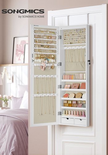 SONGMICS JJC093W01 v&auml;ggmonterat smyckessk�p, med spegel, olika fack, l�sbart - spegelglas, beige sammet och vit tr&auml;struktur MDF