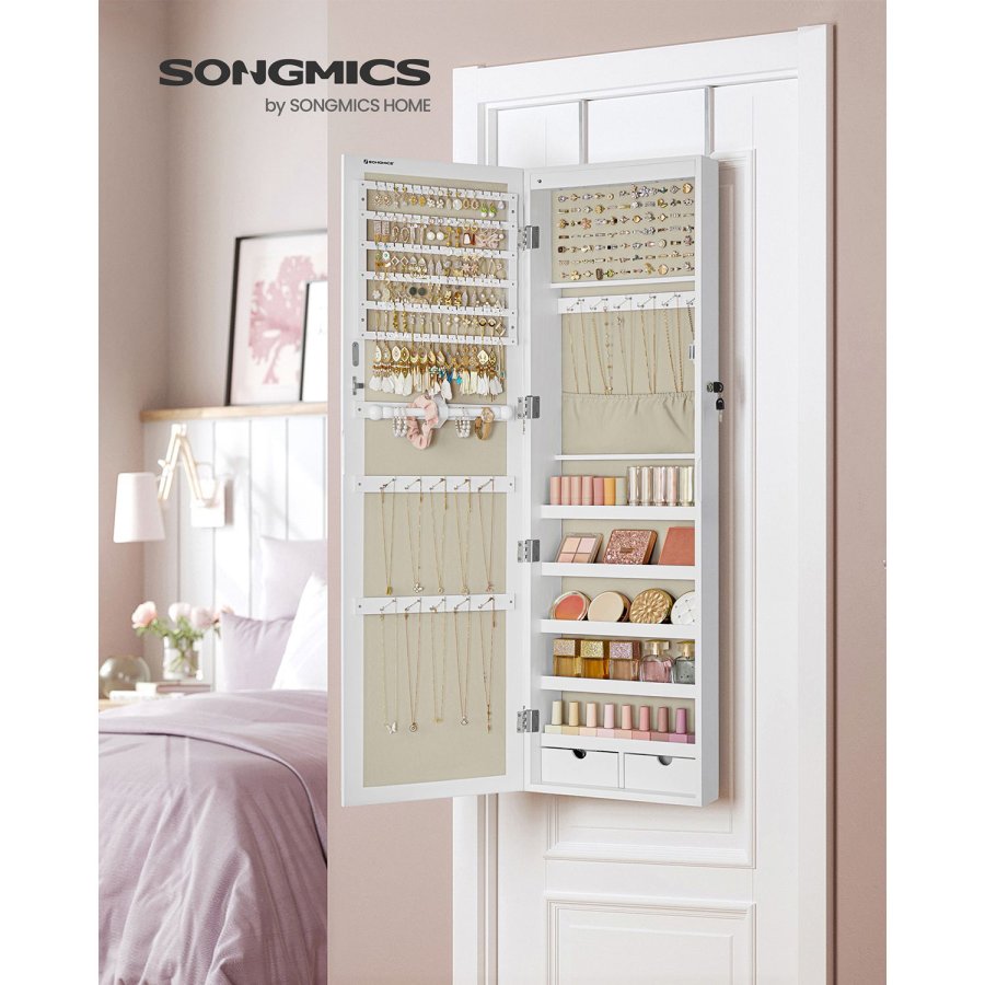 SONGMICS Smykkeskab, Afl�selig V�gmonteret Opbevaringsenhed til Halsk�der og �reringe, med Spejl og Diverse Rum, Hvid med Tr�struktur og Beige JJC093W01