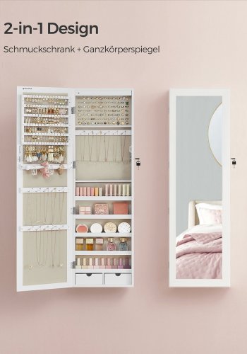 SONGMICS Smykkeskab, Afl�selig V�gmonteret Opbevaringsenhed til Halsk�der og �reringe, med Spejl og Diverse Rum, Hvid med Tr�struktur og Beige JJC093W01