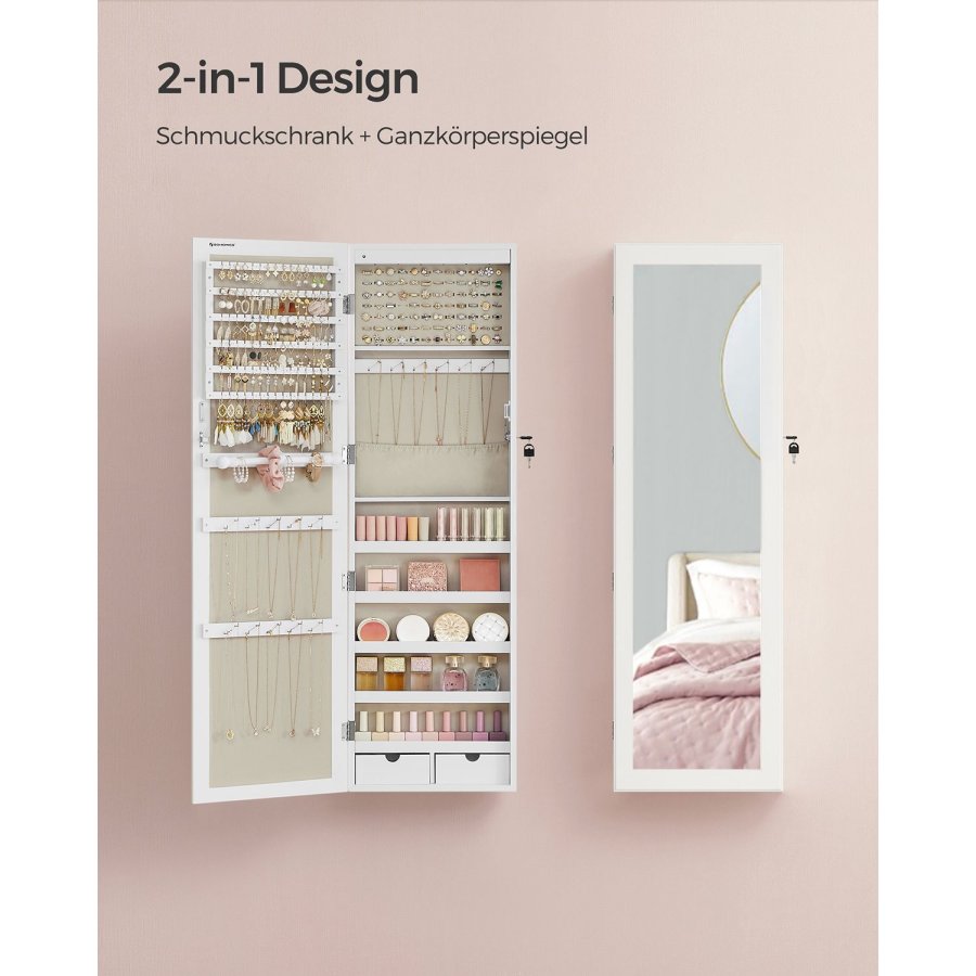 SONGMICS Smykkeskab, Afl�selig V�gmonteret Opbevaringsenhed til Halsk�der og �reringe, med Spejl og Diverse Rum, Hvid med Tr�struktur og Beige JJC093W01