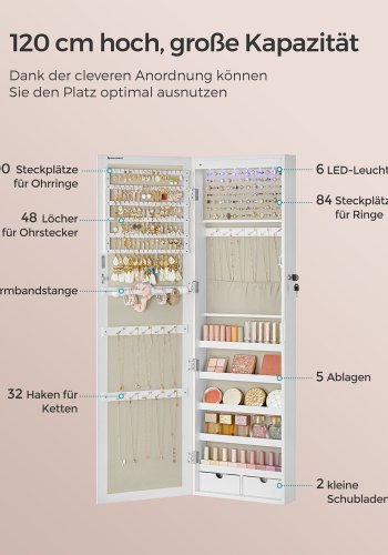 SONGMICS Smykkeskab, Afl�selig V�gmonteret Opbevaringsenhed til Halsk�der og �reringe, med Spejl og Diverse Rum, Hvid med Tr�struktur og Beige JJC093W01