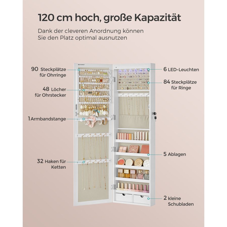 SONGMICS Smykkeskab, Afl�selig V�gmonteret Opbevaringsenhed til Halsk�der og �reringe, med Spejl og Diverse Rum, Hvid med Tr�struktur og Beige JJC093W01