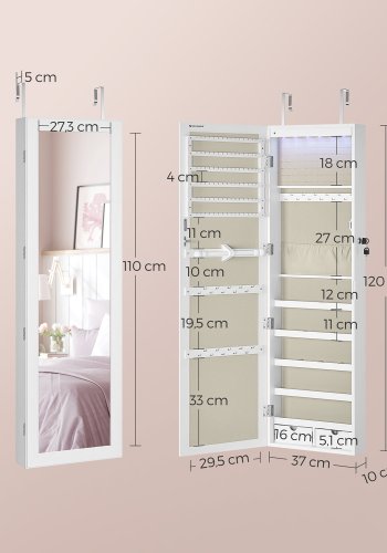 SONGMICS Smykkeskab, Afl�selig V�gmonteret Opbevaringsenhed til Halsk�der og �reringe, med Spejl og Diverse Rum, Hvid med Tr�struktur og Beige JJC093W01