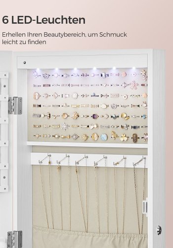 SONGMICS Smykkeskab, Afl�selig V�gmonteret Opbevaringsenhed til Halsk�der og �reringe, med Spejl og Diverse Rum, Hvid med Tr�struktur og Beige JJC093W01