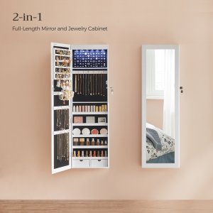 SONGMICS smyckessk�p med 6 LED-spegelbelysning, 114 cm h�gt, l�sbart v�gg- eller d�rrmonterat smyckessk�p med spegel, 2 l�dor, 9,2 x 33 x 114 cm, vit JJC93W