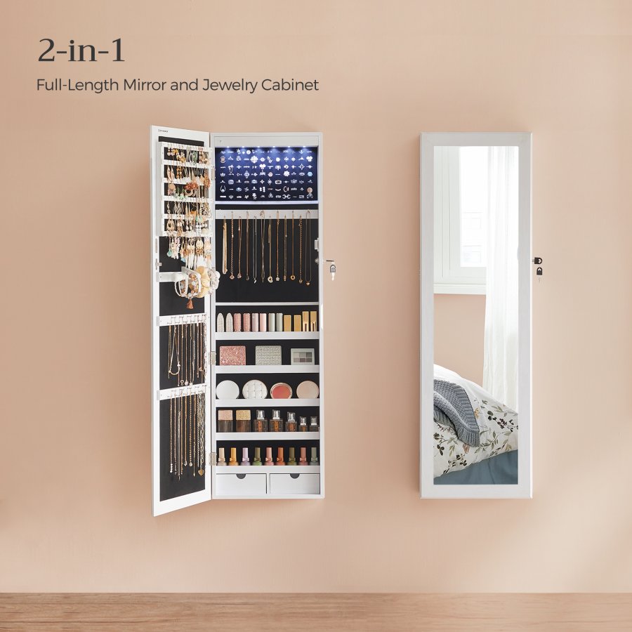 SONGMICS smykkeskap med 6 LED-speil, 114 cm h�yt, l�sbart smykkeskap med speil, veggmontert eller d�rmontert, 2 skuffer, 9,2 x 33 x 114 cm, hvit JJC93W