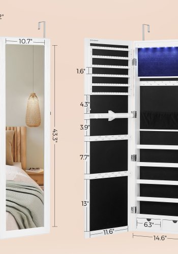 SONGMICS smykkeskap med 6 LED-speil, 114 cm h�yt, l�sbart smykkeskap med speil, veggmontert eller d�rmontert, 2 skuffer, 9,2 x 33 x 114 cm, hvit JJC93W