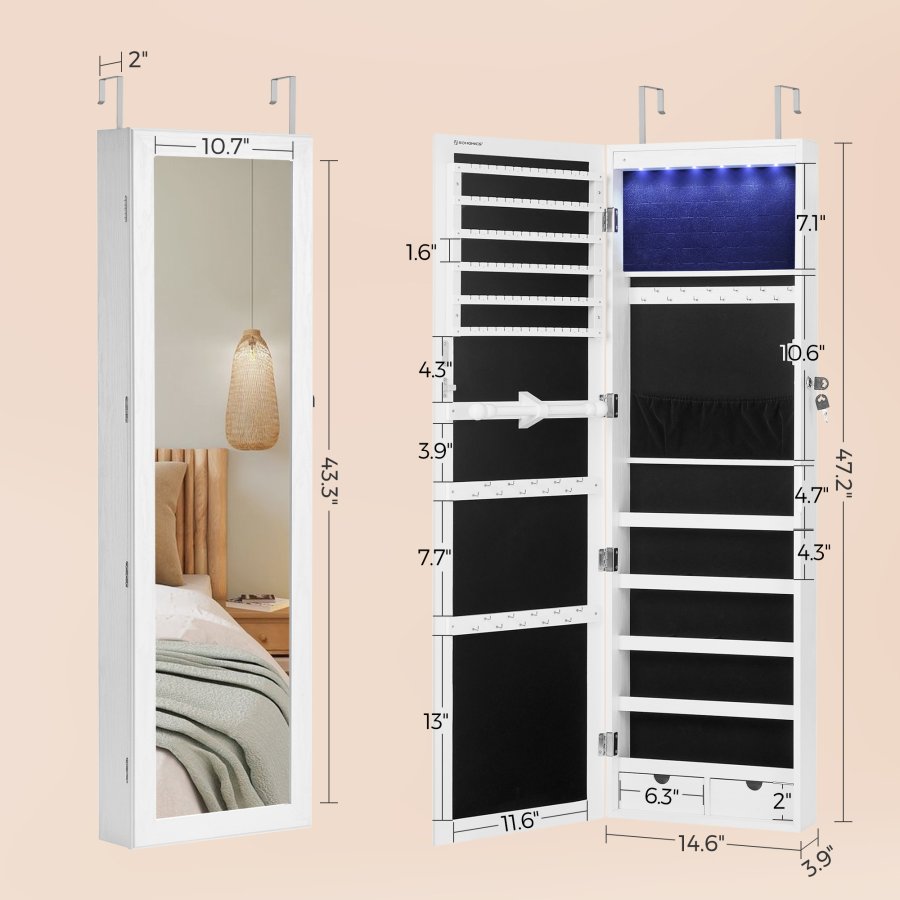 SONGMICS smykkeskap med 6 LED-speil, 114 cm h�yt, l�sbart smykkeskap med speil, veggmontert eller d�rmontert, 2 skuffer, 9,2 x 33 x 114 cm, hvit JJC93W