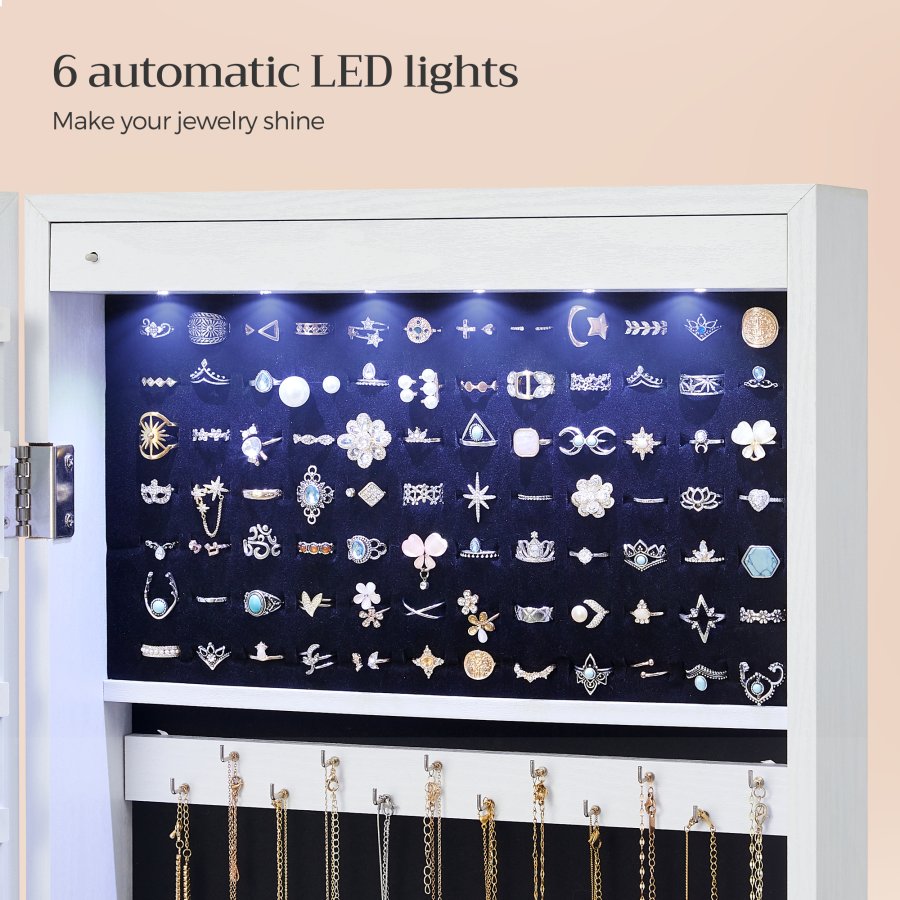 SONGMICS smykkeskap med 6 LED-speil, 114 cm h�yt, l�sbart smykkeskap med speil, veggmontert eller d�rmontert, 2 skuffer, 9,2 x 33 x 114 cm, hvit JJC93W